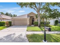 Charming single Gathering home features a well-manicured lawn, lovely landscaping, and two car garage at 11324 Cypress Reserve Dr, Tampa, FL 33626