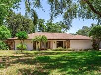 Ranch-style home featuring a well-manicured lawn, palm trees, and stone accents on the facade creating curb appeal at 2217 High Point Dr, Brandon, FL 33511