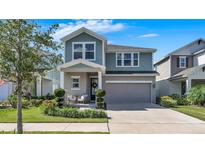 Charming two-story home with a covered front porch and a well-manicured lawn with garden at 28809 S Orange Berry S Dr, Wesley Chapel, FL 33543