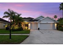 Charming home with a well-manicured lawn, tropical plants, and a two-car garage during dusk at 10516 Gretna Green Dr, Tampa, FL 33626