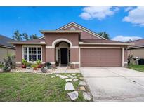 Charming single-story home with a well-manicured lawn and attached two-car garage at 5860 War Admiral Dr, Wesley Chapel, FL 33544