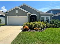 Charming single-story home featuring a well-manicured lawn, beautiful landscaping and attached two-car garage at 12032 Grand Kempston Dr, Gibsonton, FL 33534