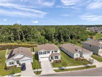 An aerial view of a two-story home with a well-manicured lawn near a peaceful pond and lush green trees at 3739 Capri Coast Dr, Plant City, FL 33565