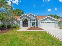 Charming single-story home with manicured lawn, double-door entry, and two-car garage, all under a bright blue sky at 14103 Stonebrook Ct, Tampa, FL 33624