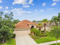 Lovely single-story home with a tan exterior, a well-manicured lawn, and mature landscaping at 3302 Granite Ridge Loop, Land O Lakes, FL 34638