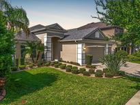 Charming home featuring a well-manicured lawn, lush landscaping, and a welcoming two-car garage at 11429 Drifting Leaf Dr, Riverview, FL 33579