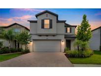 Charming two-story home with manicured landscaping, brick driveway, and a two-car garage at dusk at 19238 Old Spanish Rd, Tampa, FL 33647