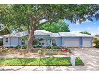 Charming single-story home with lush landscaping, mature trees, and a three-car garage at 613 Sportsman Park Dr, Seffner, FL 33584