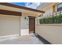 Inviting front door with a chocolate brown color, located by the garage and features an outdoor lamp at 4463 Vieux Carre Cir, Tampa, FL 33613