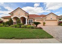 Charming home featuring a well-manicured lawn, barrel tile roof, and a two-car garage at 17923 Arbor Haven Dr, Tampa, FL 33647