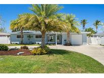 Charming single story home with mature palm trees, well manicured lawn, and updated curb appeal on a sunny day at 9485 Treasure Ne Ln, St Petersburg, FL 33702