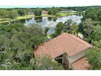 A captivating aerial view of a home with a brown roof and beautiful lake access at 12929 Sugar Creek Blvd, Hudson, FL 34669