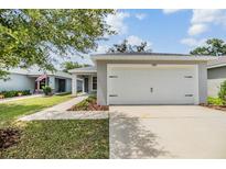 Charming single-Gathering home featuring a two-car garage and well-maintained front lawn at 13814 Harvestwood Ln, Riverview, FL 33569