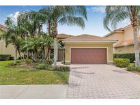Charming home with a beautiful brick driveway, tropical landscaping, and a two-car garage at 18036 Java Isle Dr, Tampa, FL 33647