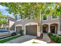 Charming townhome featuring a two-car garage, and a welcoming front entrance with decorative door at 10217 Westpark Preserve Blvd, Tampa, FL 33625