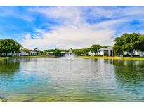 Scenic lake view featuring a fountain and surrounding residential buildings, offering a tranquil community atmosphere at 1109 Pine Ridge W Cir # C1, Tarpon Springs, FL 34688