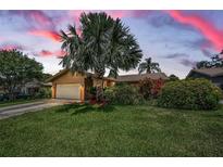 Charming single Gathering home with mature landscaping and a well-manicured lawn under a colorful sky at 1281 Amberlea E Dr, Dunedin, FL 34698