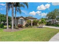 Charming home featuring lush landscaping, mature palm trees, and a well-manicured lawn at 4530 Roanoak Way, Palm Harbor, FL 34685