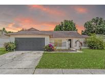 Charming single-story home showcasing a well-manicured lawn and an attached garage under a beautiful sky at 6826 Rosemary Dr, Tampa, FL 33625