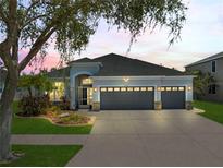 Charming home featuring a spacious three-car garage, lush landscaping, and a well-manicured lawn at 13336 Graham Yarden Dr, Riverview, FL 33579