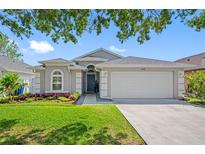 Charming single-Gathering home with a well-manicured lawn and a two-car garage on a sunny day at 19309 Garden Quilt Cir, Lutz, FL 33558