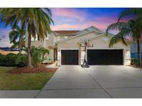 Elegant home with a three-car garage and a basketball hoop, set amongst lush palm trees and manicured landscaping at 5457 Sandy Shell Dr, Apollo Beach, FL 33572