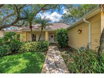 Inviting front entrance with a tiled walkway, lush landscaping, and charming curb appeal with mature palms and shade trees at 8127 Siquita Ne Dr, St Petersburg, FL 33702
