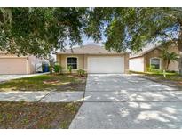 Charming single-Gathering home showcasing a manicured lawn, fresh landscaping, and a two-car garage at 11627 Ivy Flower Loop, Riverview, FL 33578
