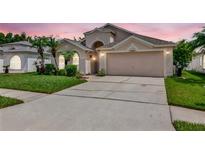 Charming home featuring a two-car garage and beautifully landscaped front yard with palm trees, perfect for curb appeal at 30445 Tremont Dr, Wesley Chapel, FL 33543