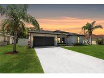Charming single-story home with a well-manicured lawn, palm trees, and a freshly painted driveway at 4264 Michaler St, North Port, FL 34286
