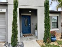 Elegant entryway with a stylish blue door and manicured greenery at 14015 Arbor Pines Dr, Riverview, FL 33579