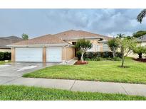 Charming single-story home with a well-manicured lawn and a three-car garage at 23112 Emerson Way, Land O Lakes, FL 34639