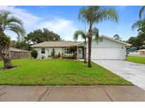 Charming single-story home featuring a well-manicured lawn, mature palm trees, and a two-car garage at 39243 6Th Ave, Zephyrhills, FL 33542
