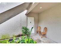 Inviting front door entrance with two wooden chairs and lush landscaping at 125 Picardy Villa Cir # 100, Brandon, FL 33510