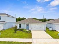 Charming single-story home featuring a well-maintained lawn, light gray paint, and a welcoming blue front door at 14532 Whitewater Way, Brooksville, FL 34604