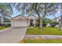 Charming single-story home featuring a well-manicured lawn, mature trees, and a two-car garage at 25101 Hyde Park Blvd, Land O Lakes, FL 34639