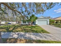 Charming single-story home featuring a well-manicured lawn, mature trees, and a two-car garage at 11806 Holly Crest Ln, Riverview, FL 33569