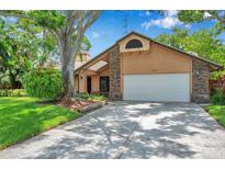 Charming home with a two-car garage, complemented by mature landscaping and a beautiful shade tree at 1695 Cinnamon Ln, Dunedin, FL 34698