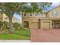 Charming townhome with a brick driveway, mature landscaping, and an attached two-car garage at 17527 Stinchar Dr, Land O Lakes, FL 34638