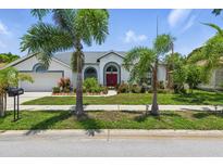 Charming single-Gathering home with a well-manicured lawn, mature landscaping, and a bright red front door at 3457 Foxhall Dr, Holiday, FL 34691