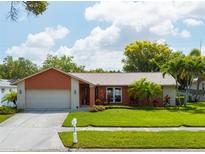 Charming single-story home with well-maintained lawn and landscaping, featuring a two-car garage at 460 Meravan Dr, Palm Harbor, FL 34683