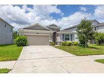 Charming single-story home featuring a well-maintained lawn, two-car garage, and lovely landscaping at 2898 Living Coral Dr, Odessa, FL 33556