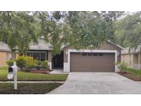 Charming single-story home featuring a well-manicured lawn, mature trees, and a two-car garage at 6517 Summer Cove Dr, Riverview, FL 33578