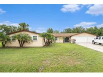 Charming single-story home featuring a two-car garage, well-manicured lawn, and lush tropical landscaping at 9220 Mcintosh Rd, Dover, FL 33527