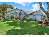 Landscaped front yard view of single story home with beautiful plantings and fresh green lawn at 10314 Deepbrook Dr, Riverview, FL 33569