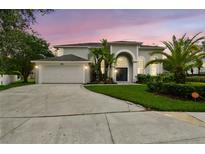 Charming two-story home with a well-manicured lawn, arched entry, and a two-car garage at 16003 Ridley Pl, Tampa, FL 33647