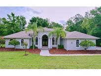 Charming single-story home with manicured lawn, arched windows and lush landscaping with palm trees at 27511 Hialeah Way, Wesley Chapel, FL 33544