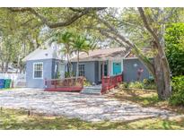 Charming single-story home with a lush landscaped yard, red railing, and a bright blue front door at 715 W 109Th Ave, Tampa, FL 33612