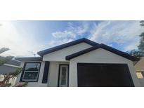 Stylish exterior of a white home featuring a black garage door, trim, and a modern front door design at 2717 W Sitka St, Tampa, FL 33614