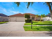 Charming single-story home featuring a three-car garage and a well-manicured lawn at 2814 Duncan Tree Cir, Valrico, FL 33594